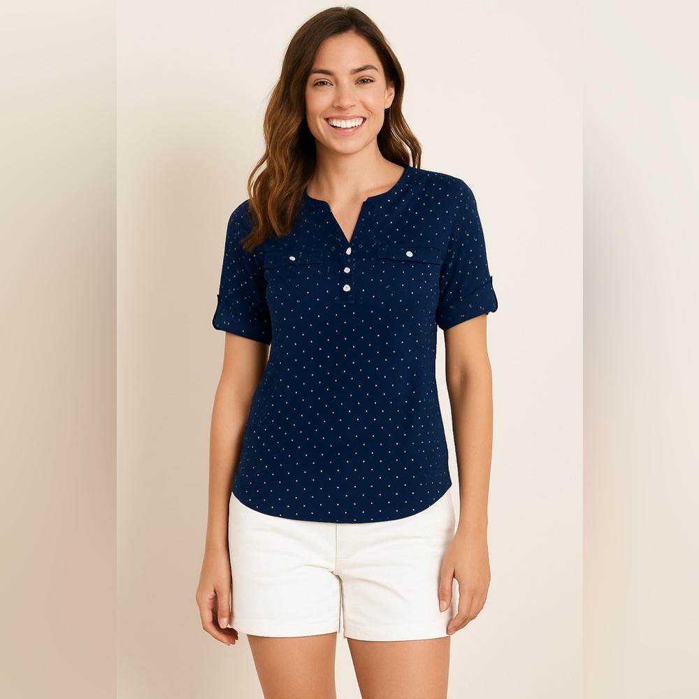 Croft & Barrow Women’s PXS Classic White Polka Dot on Navy Rolled Sleeve Top